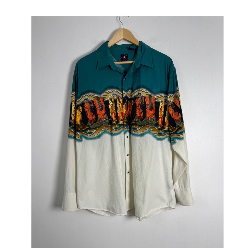 Vintage Panhandle Slim Mens XL Pearl Snap Shirt Teal White Cowboy Boot Print